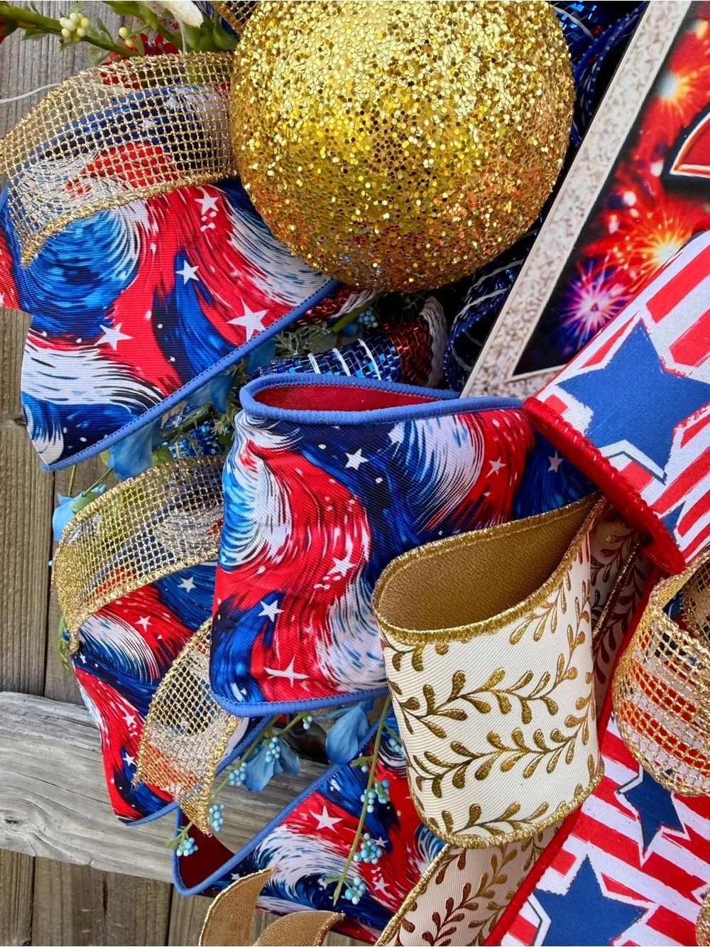 Hand Crafted Patriotic Wreath - Red, Blue, Gold